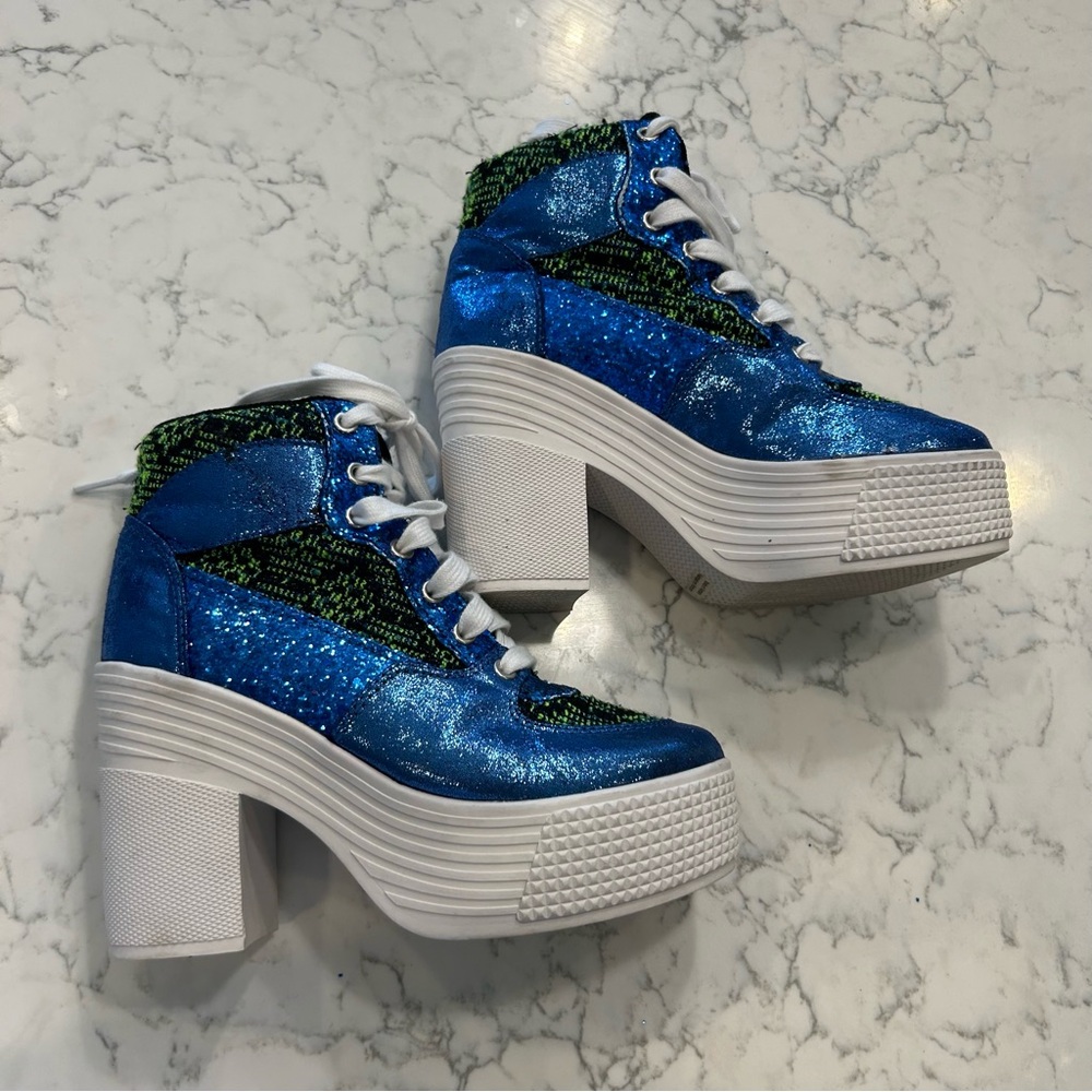Jeffrey Campbell Blue Glitter Platform Lace-Up Sneaker Heels with Green Accents